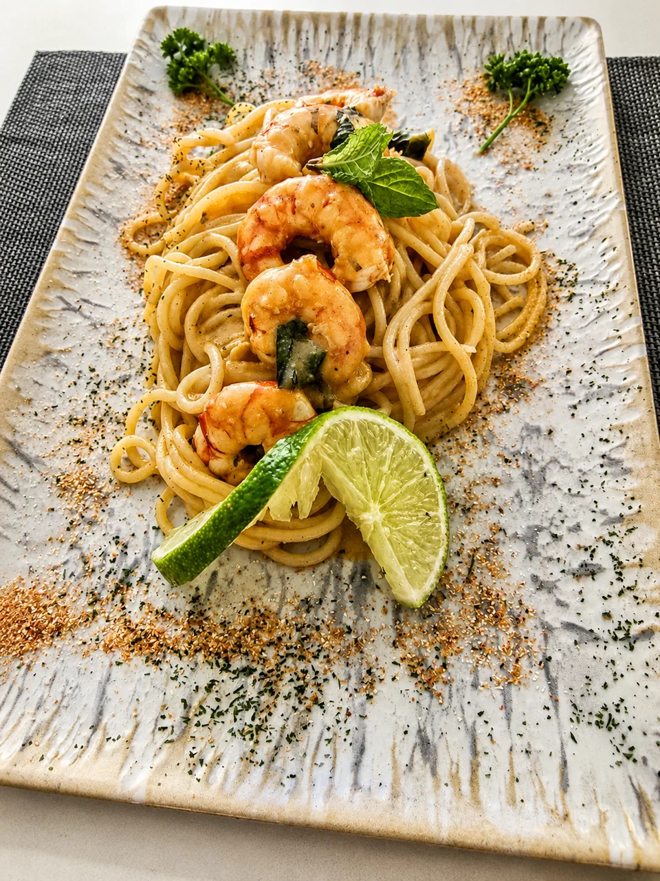 Pasta con gambas y lima servida en Lungomare